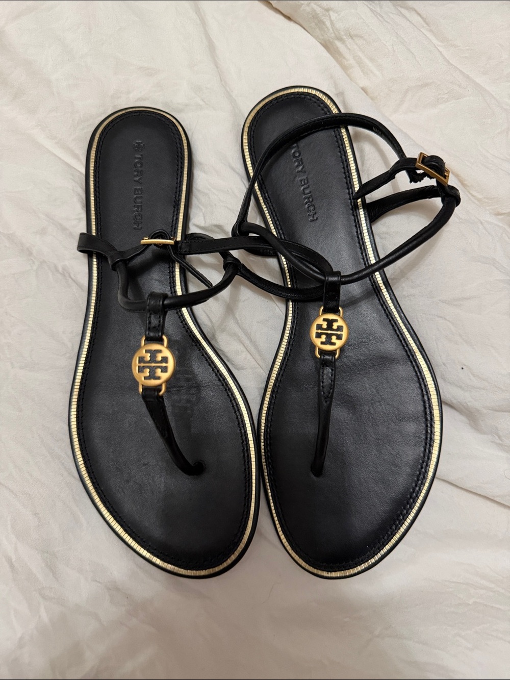 Tory Burch Black Leather Gold-Logo Thong Sandals